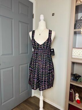 NWT Roxy Geometric Print Mini Dress Open Back Sundress Black Multi Boho Medium
